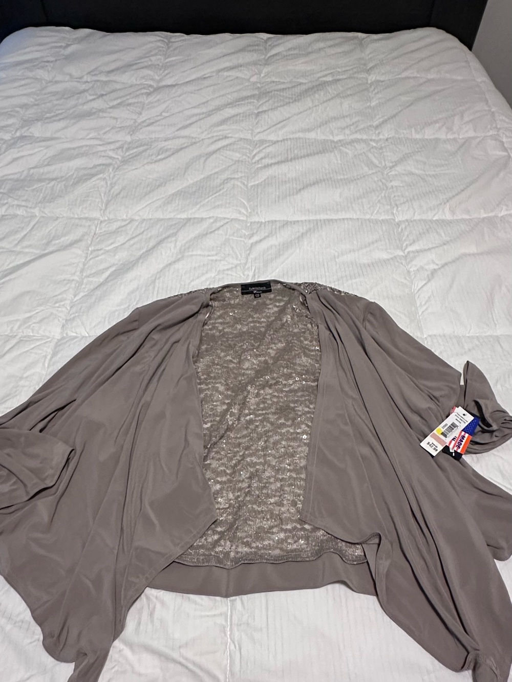 R&M Richards Taupe Draped Open-Front Women's Cardigan